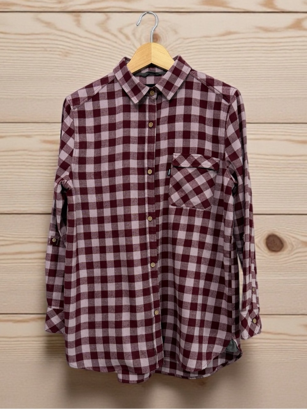 tentree Women’s Burgundy and White Check Organic Flannel Button-Down Shirt Med